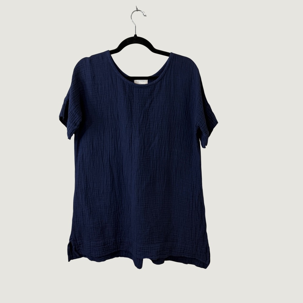 Honest Cotton Tunic Top Navy Blue Gauze Short Sleeve OS Coastal Boho Minimalist